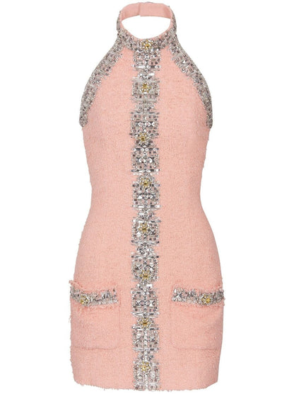 Crystal-Embellished Pink Tweed Halter Mini Dress - Dresses