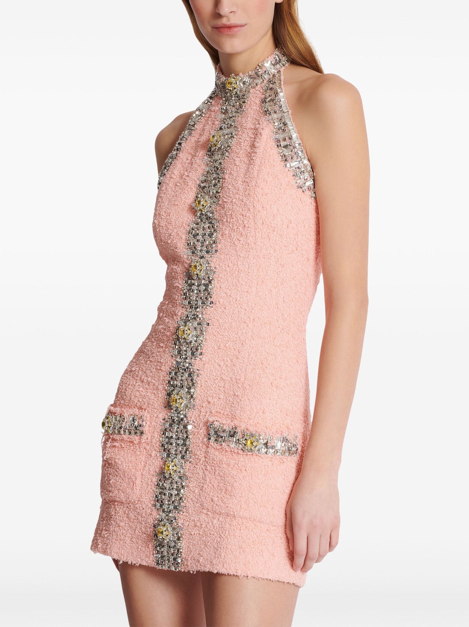 Crystal-Embellished Pink Tweed Halter Mini Dress - Dresses