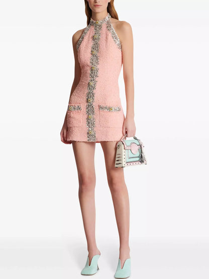 Crystal-Embellished Pink Tweed Halter Mini Dress - Dresses