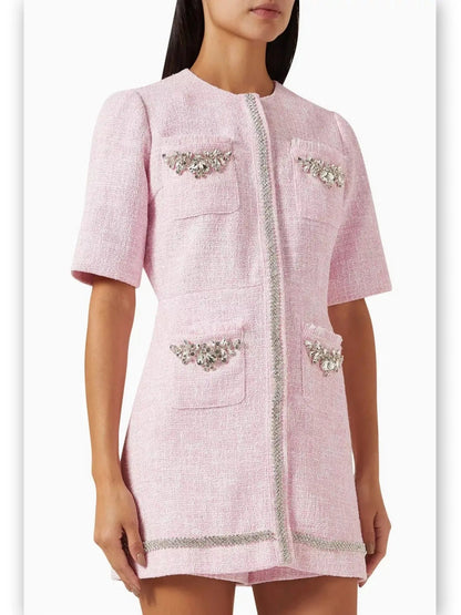 Crystal-Embellished Pink Tweed Playsuit - Suits & Sets