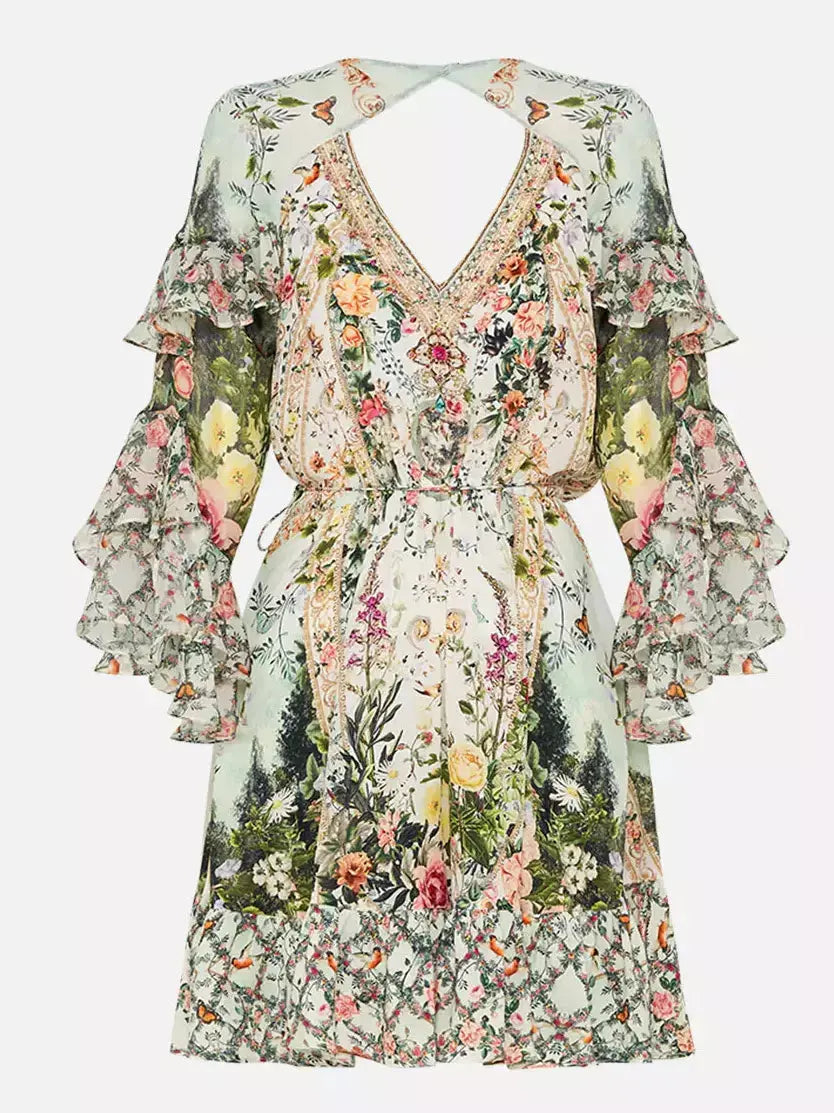 Crystal-Embellished Printed Short Frill Wrap Dress - Dresses