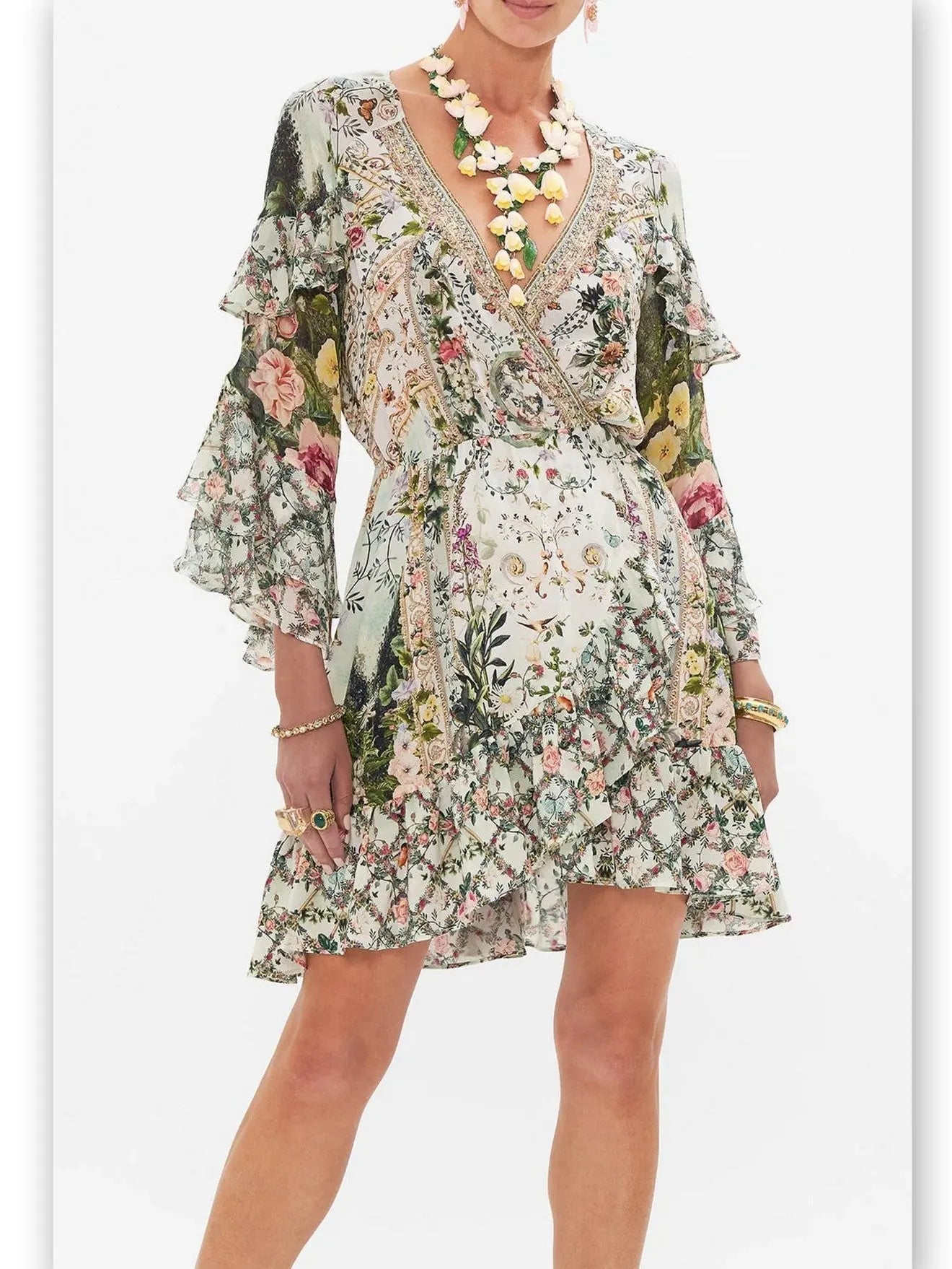 Crystal-Embellished Printed Short Frill Wrap Dress - Dresses