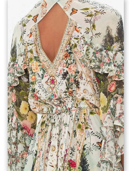 Crystal-Embellished Printed Short Frill Wrap Dress - Dresses