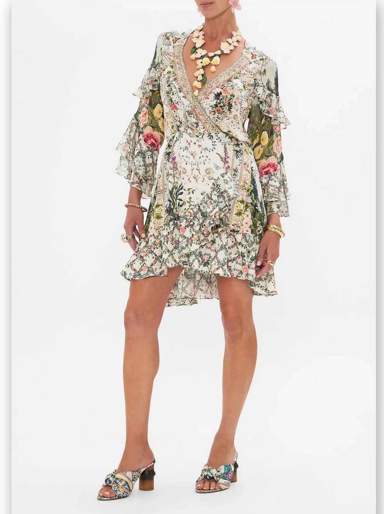 Crystal-Embellished Printed Short Frill Wrap Dress - Dresses