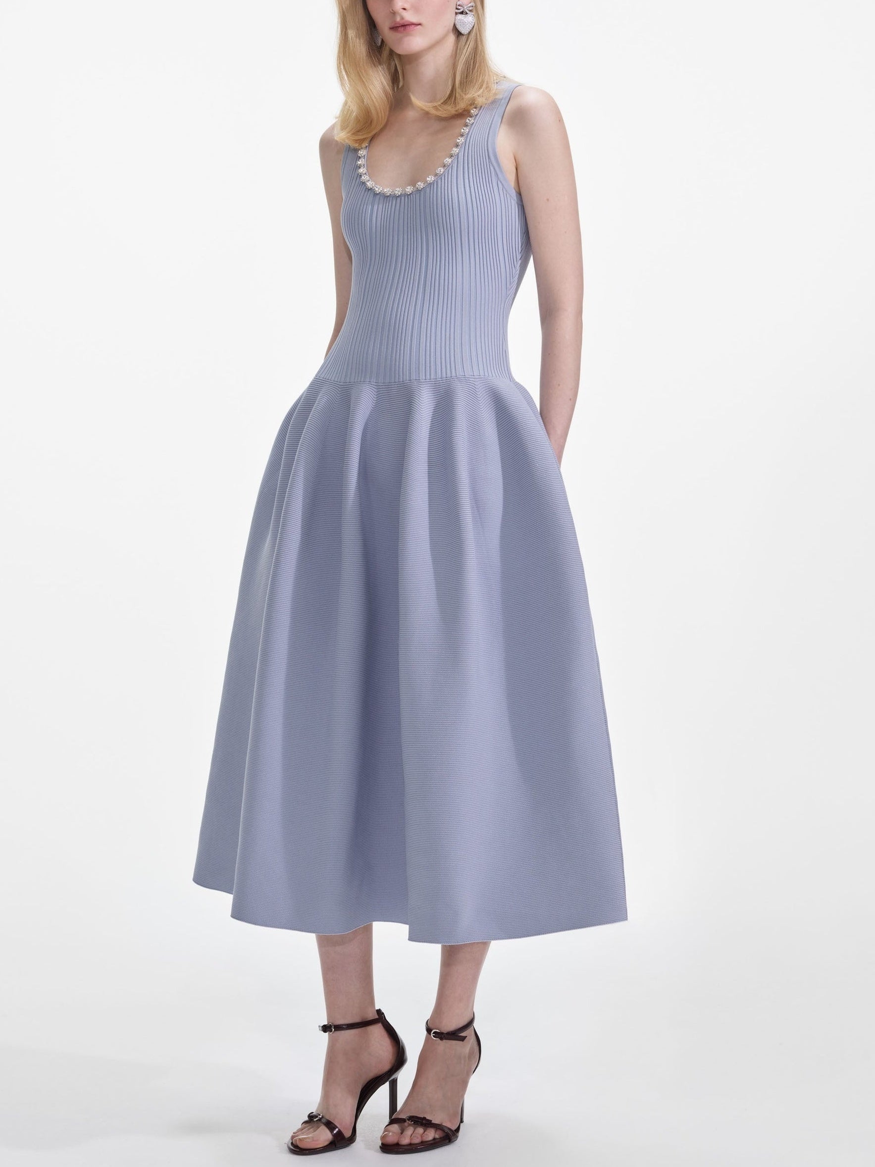Crystal-Embellished Ribbed Stretch-Knit Midi Dress - Dresses