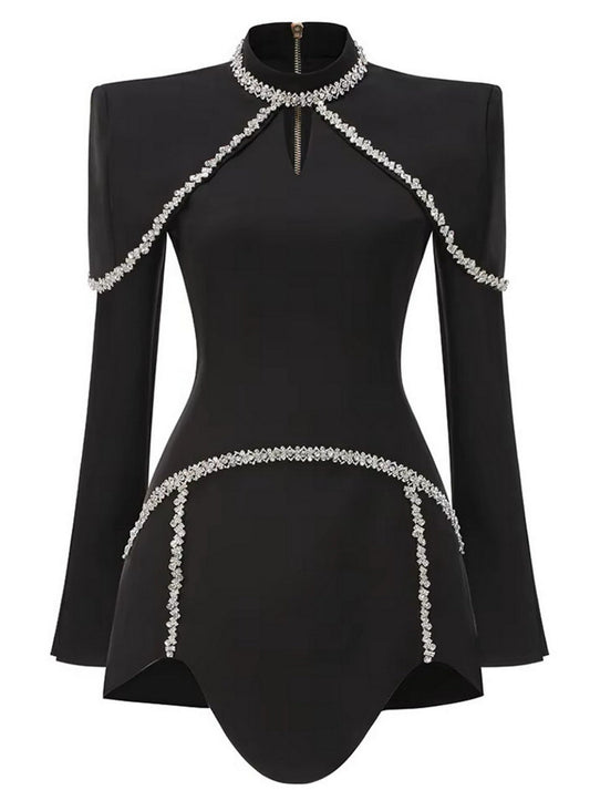 Black long-sleeve mini dress with crystal embellishments for elegant style