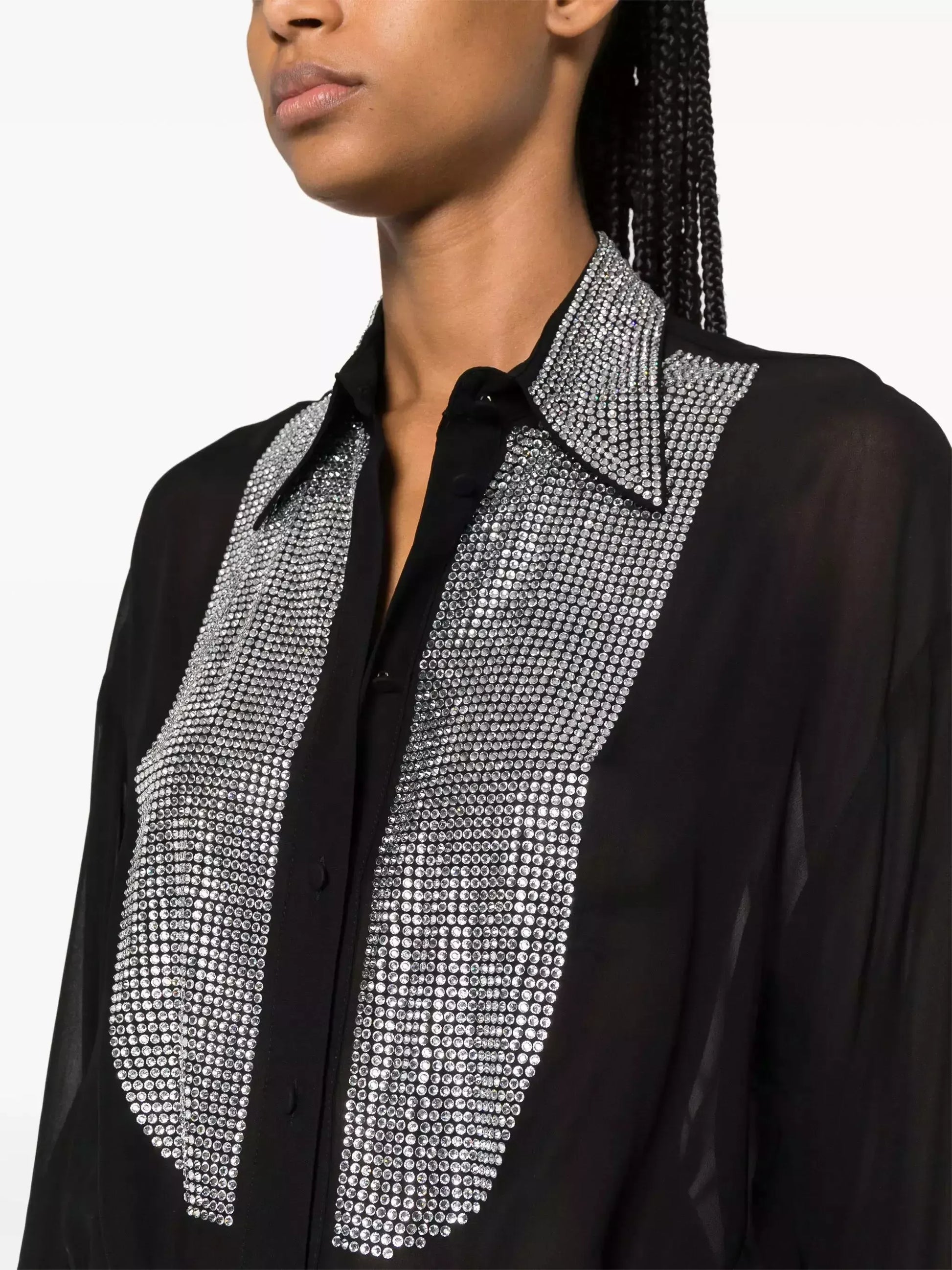 Crystal-Embellished Sheer Black Shirt - Tops