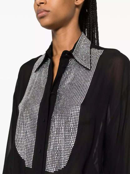 Crystal-Embellished Sheer Black Shirt - Tops