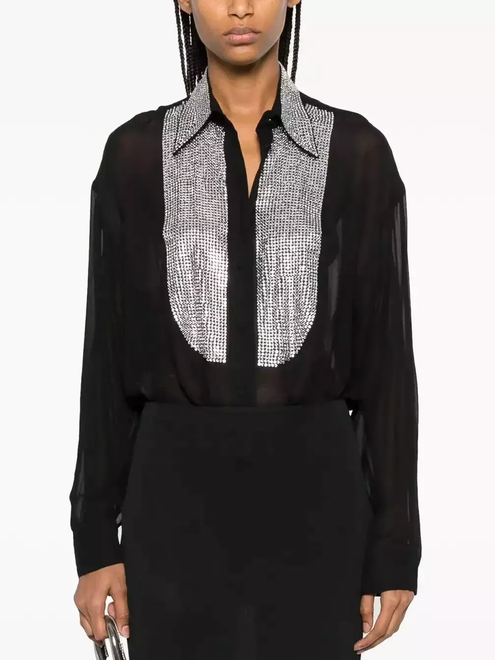 Crystal-Embellished Sheer Black Shirt - Tops
