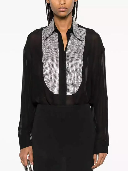 Crystal-Embellished Sheer Black Shirt - Tops