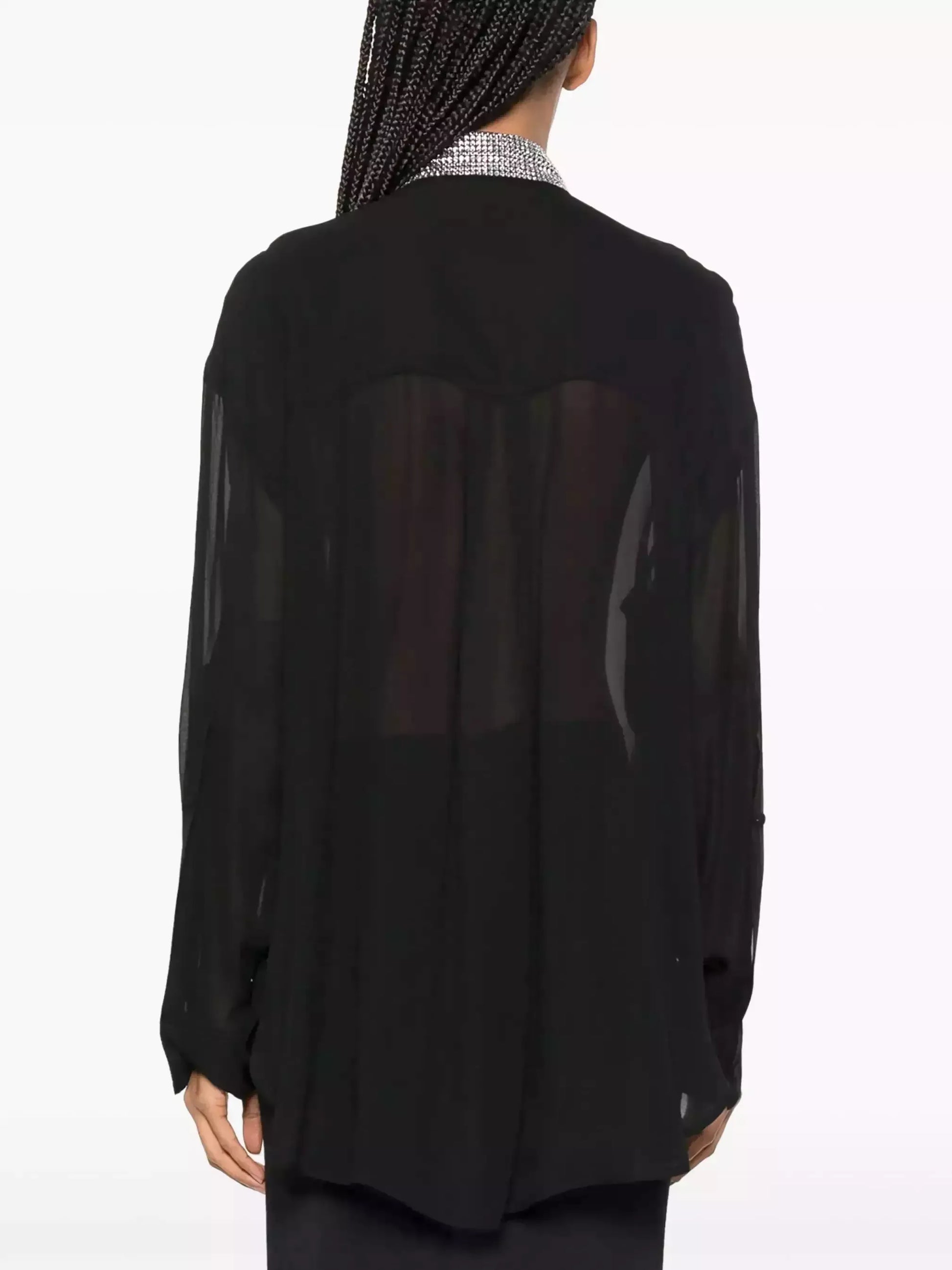 Crystal-Embellished Sheer Black Shirt - Tops