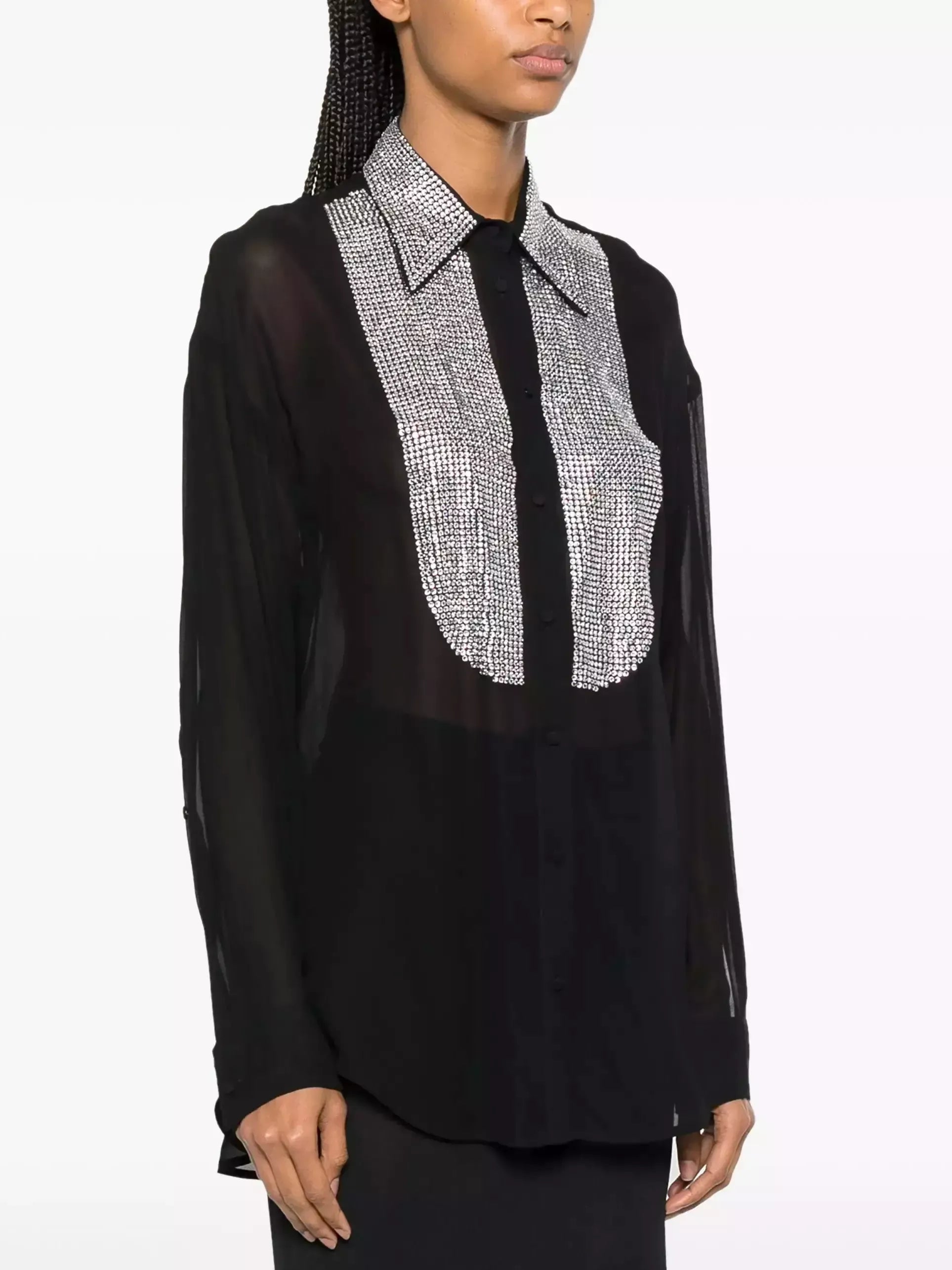 Crystal-Embellished Sheer Black Shirt - Tops