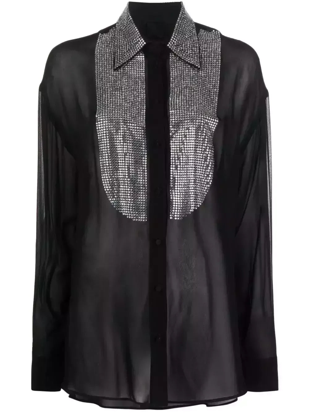 Crystal-Embellished Sheer Black Shirt - Tops