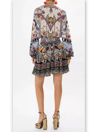 Crystal Embellished Shirred Relaxed Mini Dress with Multicolored Print - Dresses