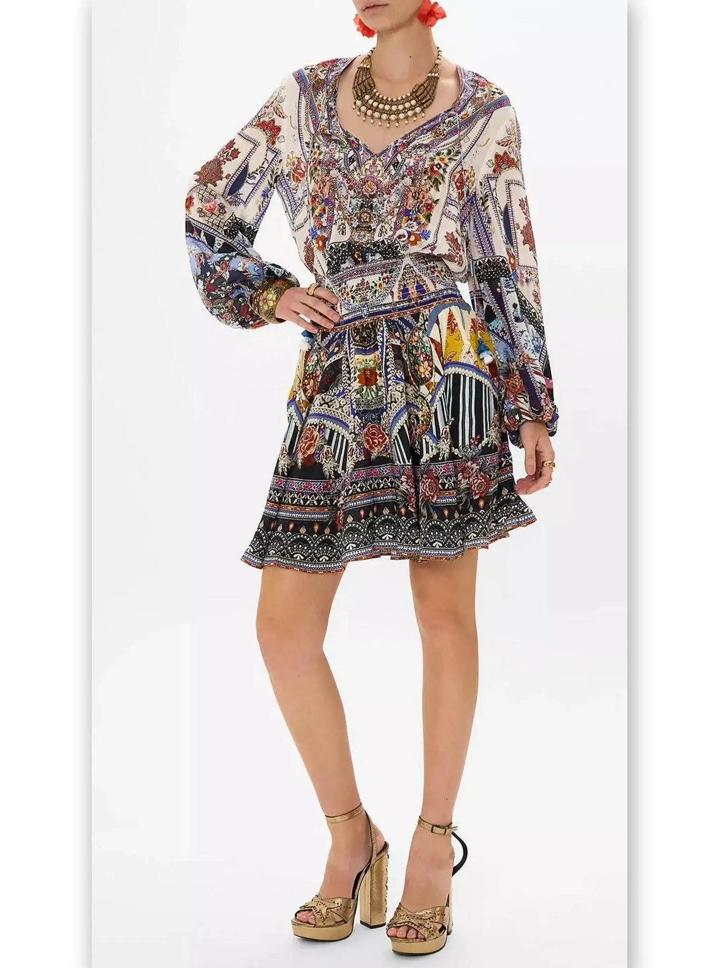 Crystal Embellished Shirred Relaxed Mini Dress with Multicolored Print - Dresses