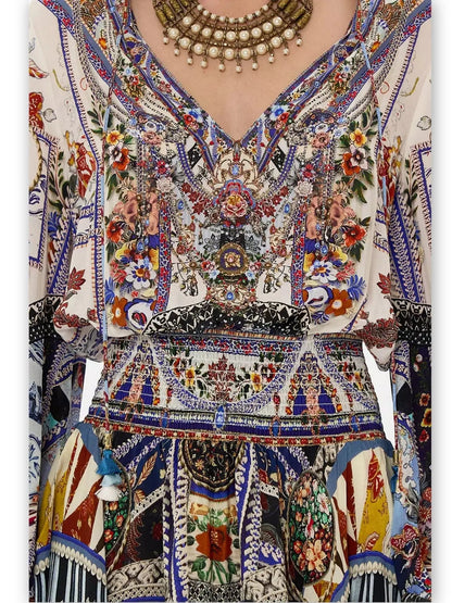 Crystal Embellished Shirred Relaxed Mini Dress with Multicolored Print - Dresses