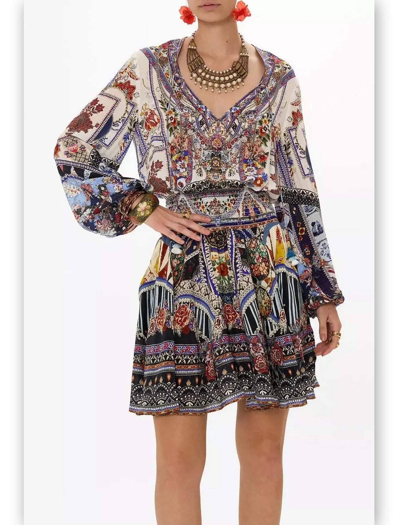 Crystal Embellished Shirred Relaxed Mini Dress with Multicolored Print - Dresses