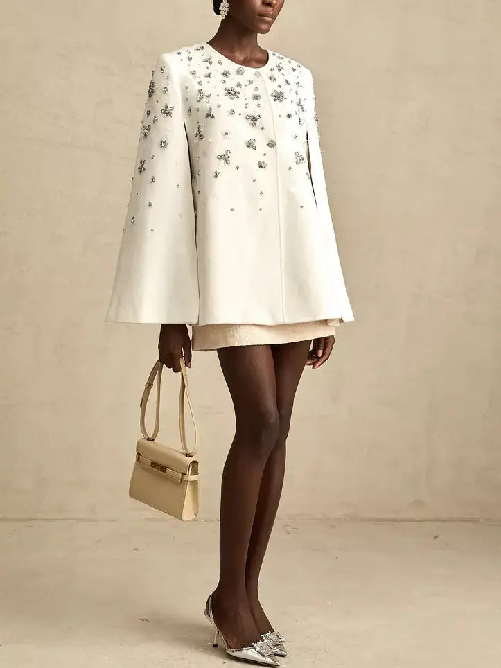 Crystal-Embellished Short Cape Coat - Coats