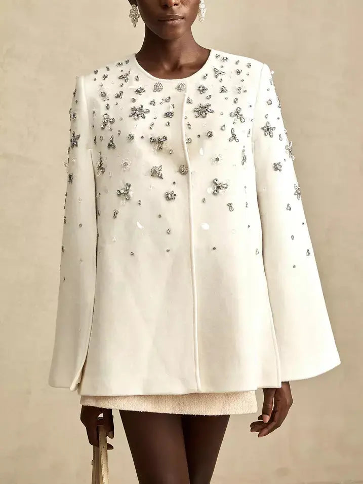 Crystal-Embellished Short Cape Coat - Coats