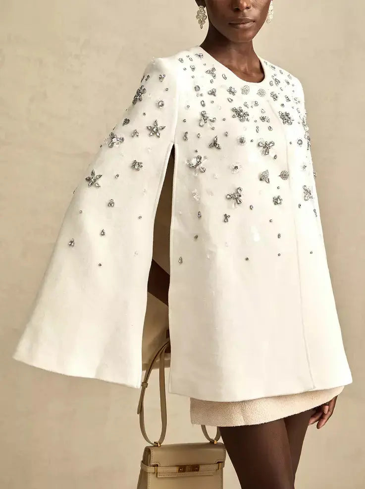 Crystal-Embellished Short Cape Coat - Coats