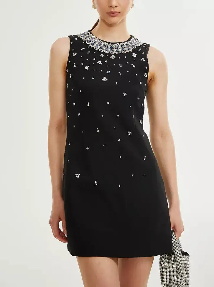 Crystal-Embellished Sleeveless Mini Dress in Black - Dresses