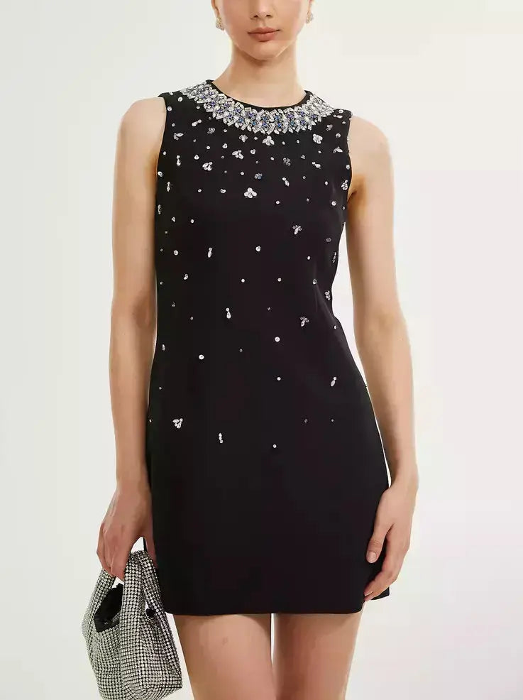 Crystal-Embellished Sleeveless Mini Dress in Black - Dresses