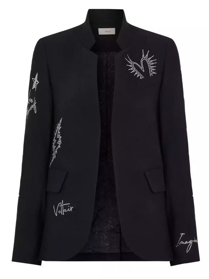 Crystal-Embellished Stand-Collar Black Blazer - Jackets