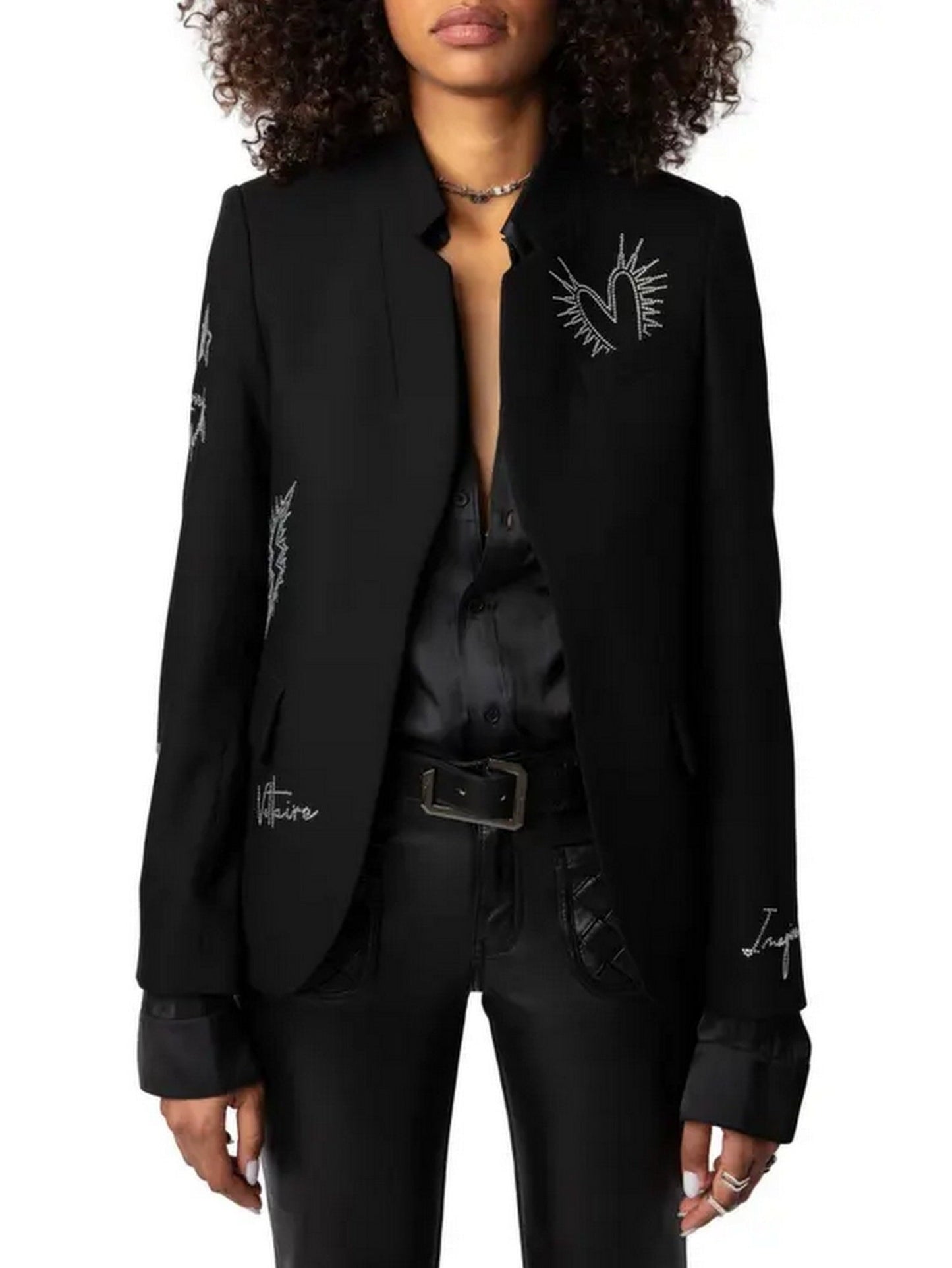 Crystal-Embellished Stand-Collar Black Blazer - Jackets