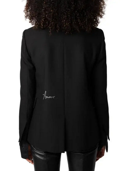 Crystal-Embellished Stand-Collar Black Blazer - Jackets