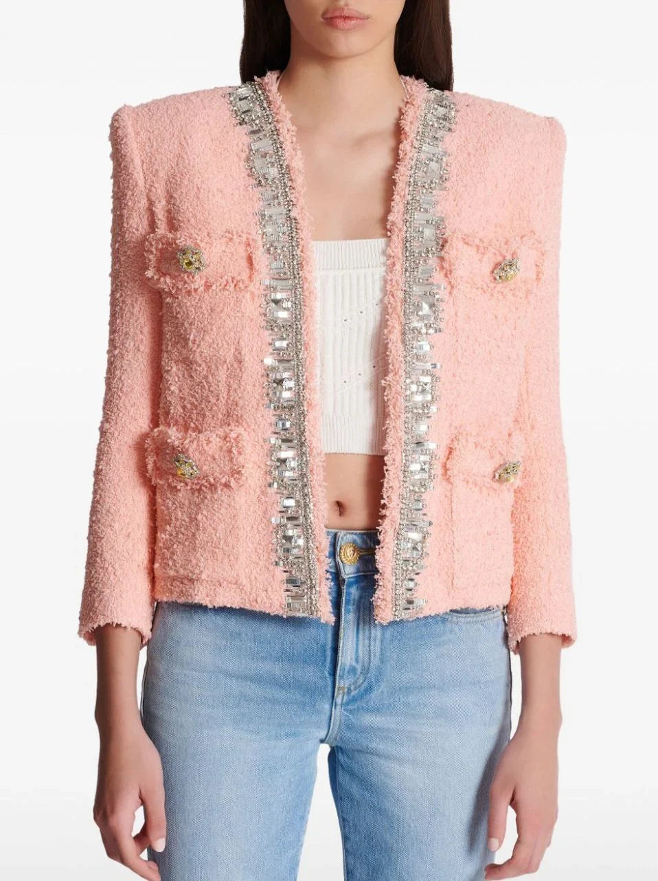 Crystal-Embellished Tweed Pink Jacket - Jackets