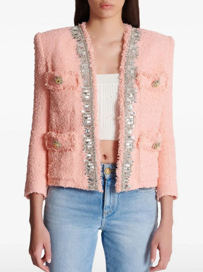 Crystal-Embellished Tweed Pink Jacket - Jackets
