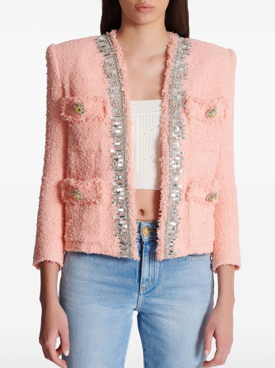 Crystal-Embellished Tweed Pink Jacket - Jackets