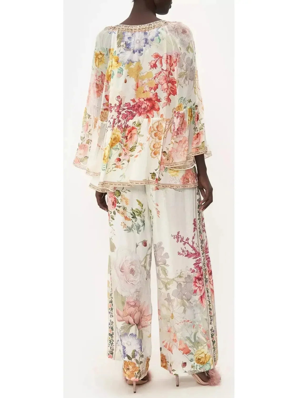 Crystal-Embellished V-Neck Floral Print Silk Frill Blouse - Tops