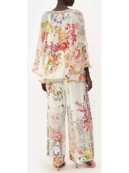 Crystal-Embellished V-Neck Floral Print Silk Frill Blouse - Tops