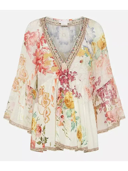 Crystal-Embellished V-Neck Floral Print Silk Frill Blouse - Tops