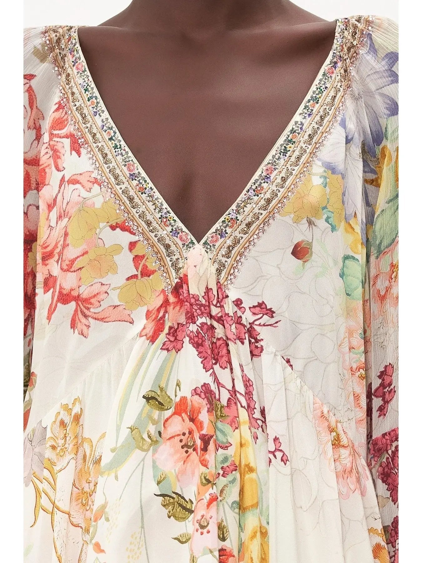 Crystal-Embellished V-Neck Floral Print Silk Frill Blouse - Tops