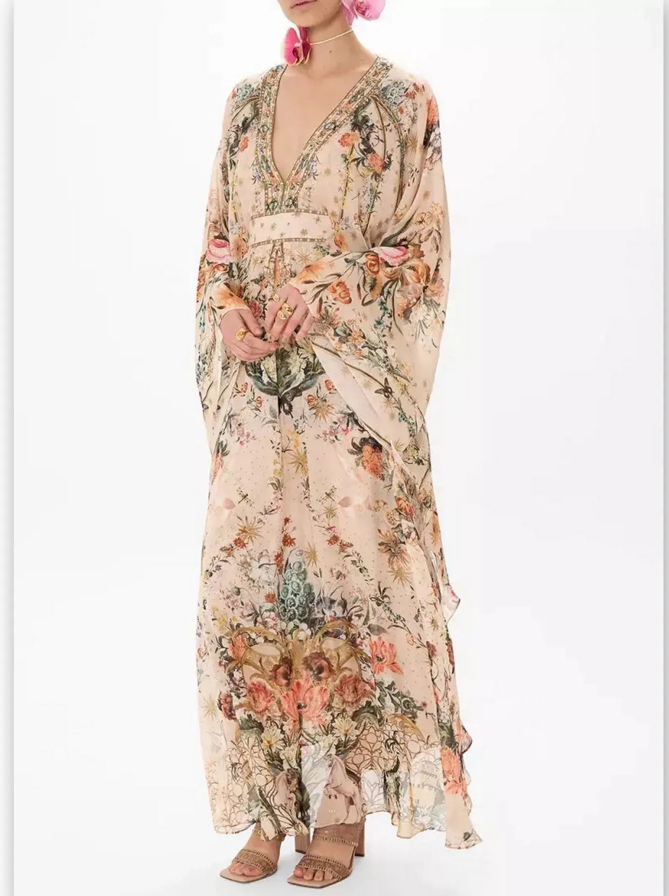 Crystal Embellished V-Neck Rose Garden Printed Kaftan Dress - Dresses