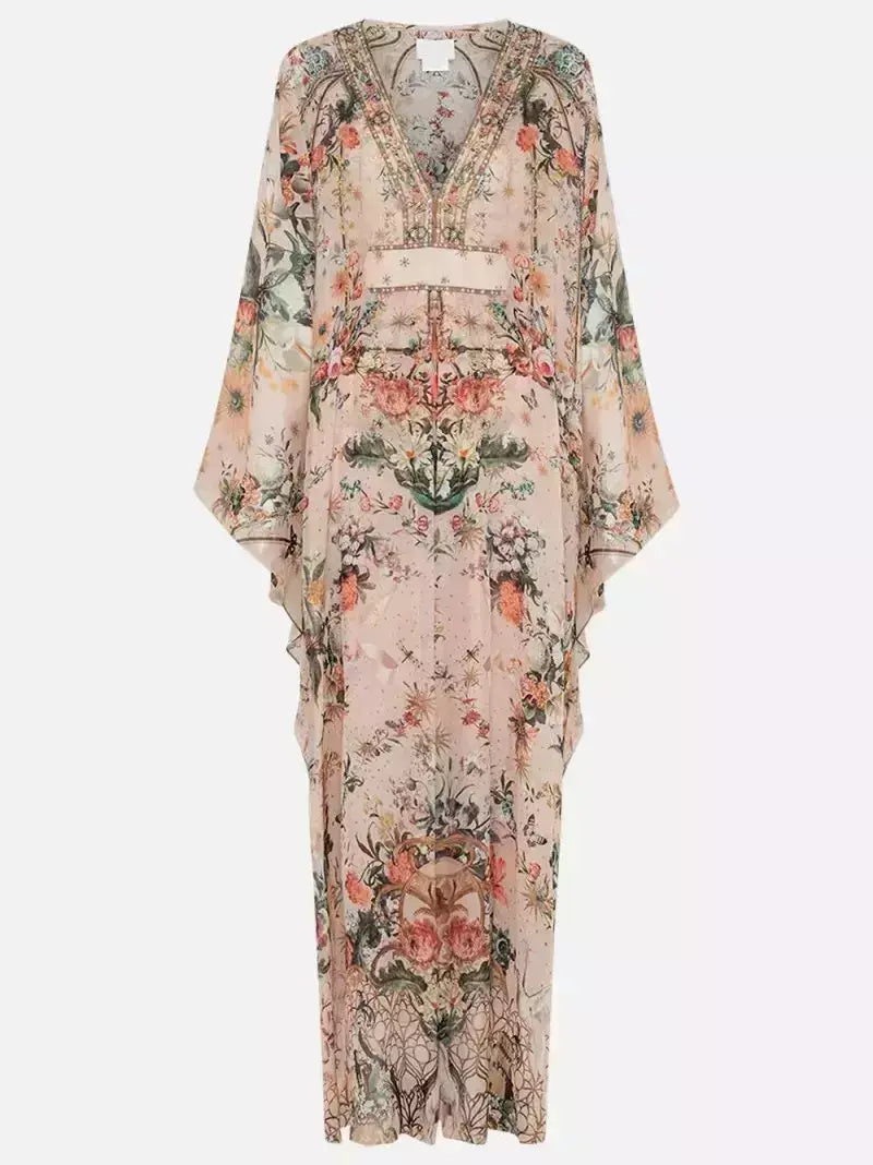 Crystal Embellished V-Neck Rose Garden Printed Kaftan Dress - Dresses