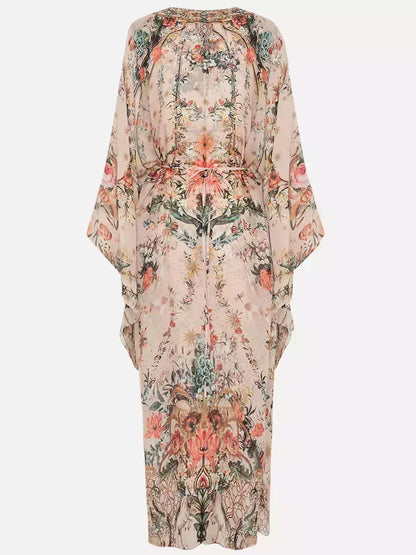 Crystal Embellished V-Neck Rose Garden Printed Kaftan Dress - Dresses