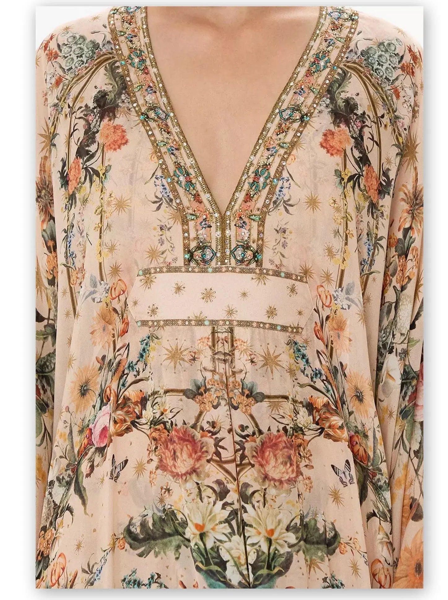 Crystal Embellished V-Neck Rose Garden Printed Kaftan Dress - Dresses