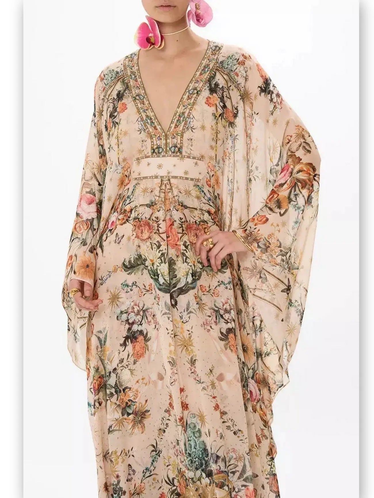 Crystal Embellished V-Neck Rose Garden Printed Kaftan Dress - Dresses