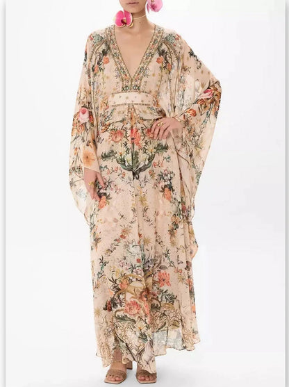 Crystal Embellished V-Neck Rose Garden Printed Kaftan Dress - Dresses