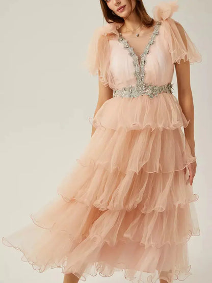 Crystal-Embellished V-Neck Tiered Tulle Midi Dress in Pink - Dresses