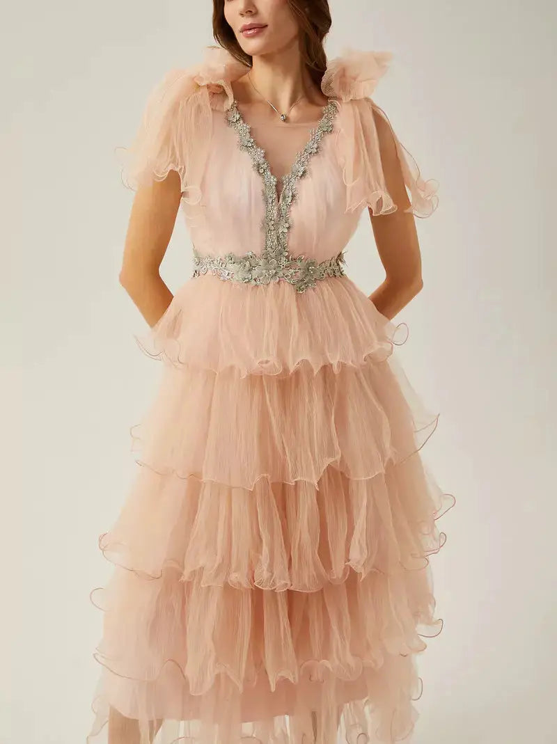 Crystal-Embellished V-Neck Tiered Tulle Midi Dress in Pink - Dresses