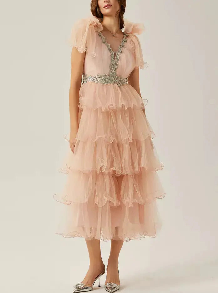 Crystal-Embellished V-Neck Tiered Tulle Midi Dress in Pink - Dresses