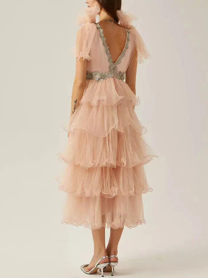 Crystal-Embellished V-Neck Tiered Tulle Midi Dress in Pink - Dresses