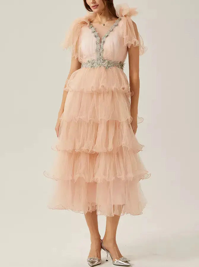 Crystal-Embellished V-Neck Tiered Tulle Midi Dress in Pink - Dresses