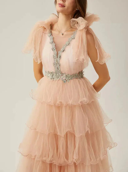 Crystal-Embellished V-Neck Tiered Tulle Midi Dress in Pink - Dresses