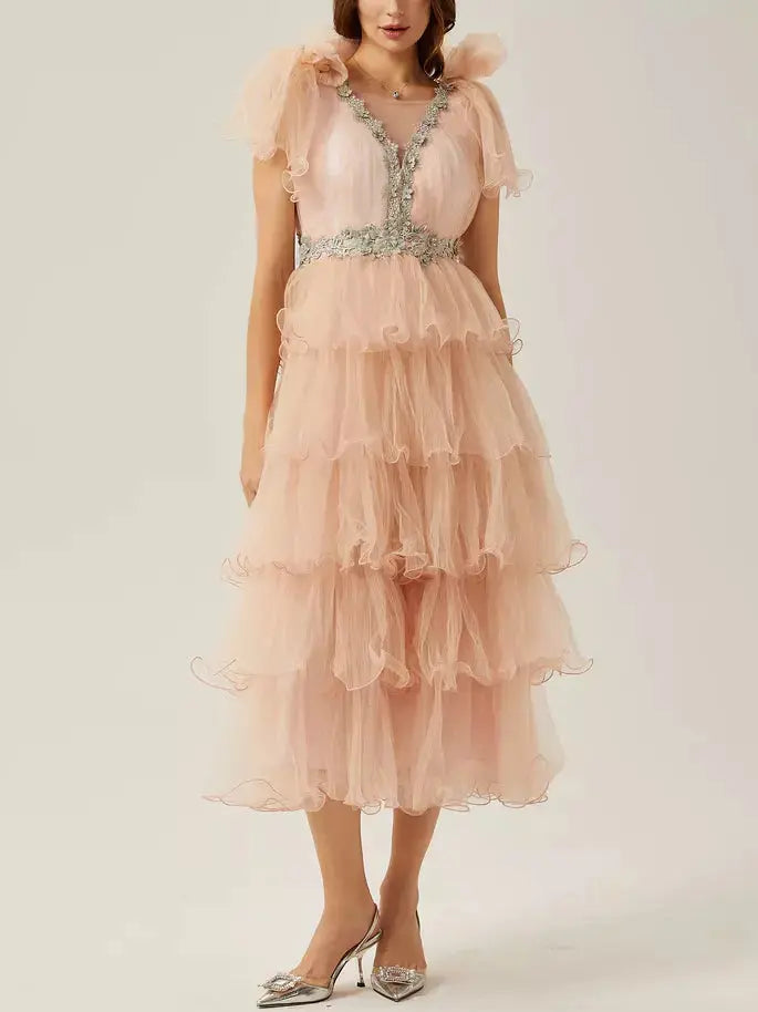 Crystal-Embellished V-Neck Tiered Tulle Midi Dress in Pink - Dresses