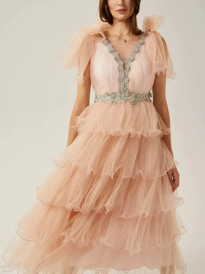 Crystal-Embellished V-Neck Tiered Tulle Midi Dress in Pink - Dresses